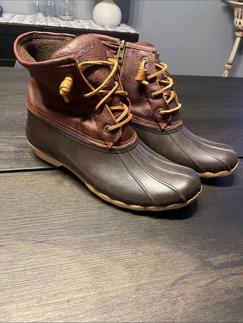 Sperry Brown Leather and Dark Brown Rubber Duck Boots with Tan Laces